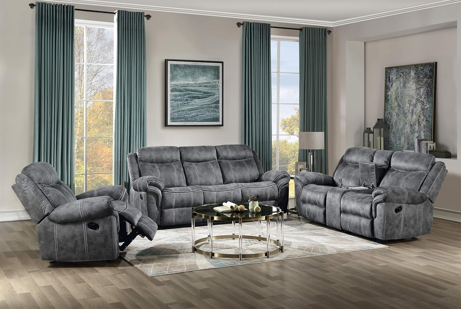 Reclining Sofa, Solid Wood Frame&Grey Velvet Upholstered 3-Seat Recliner Couch W/Back&Seat Cushion, Drop-Down Table W/Usb Charging Dock, Middle Storage Drawer, Furniture for Living Room